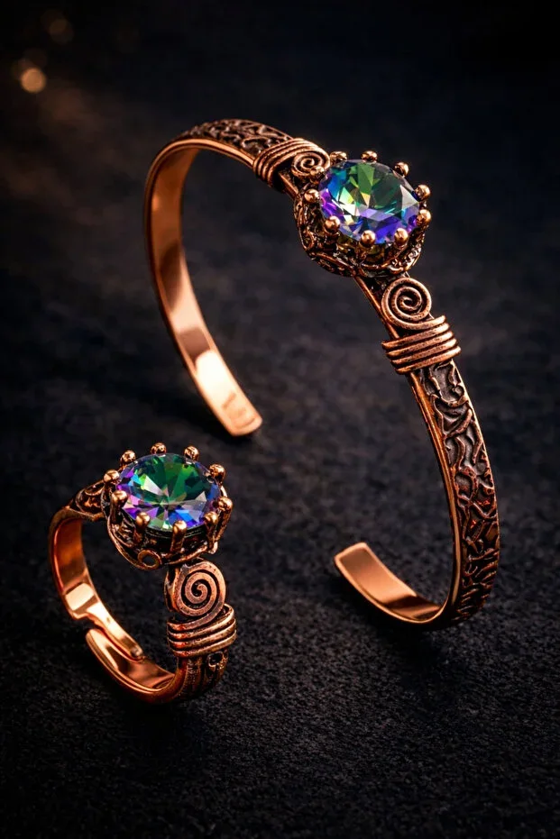 Women's Copper Bracelet Ring Set Mystic Topaz Stone Cuff Anti-allergic Bracelet