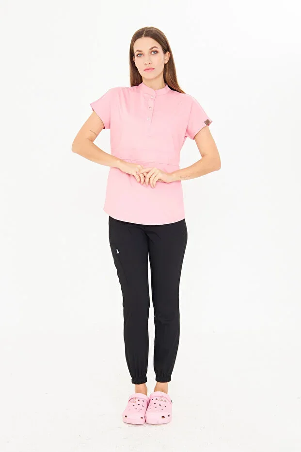 Nova - Pink Black Women's Lycra Hakim Yaka Half Placket Snap Button Nurse and Doctor Uniform Scrubs