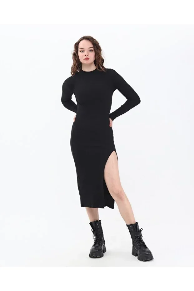 mor butik Black Half Turtleneck One Side Slit Long Sleeve Dress Cyl110011