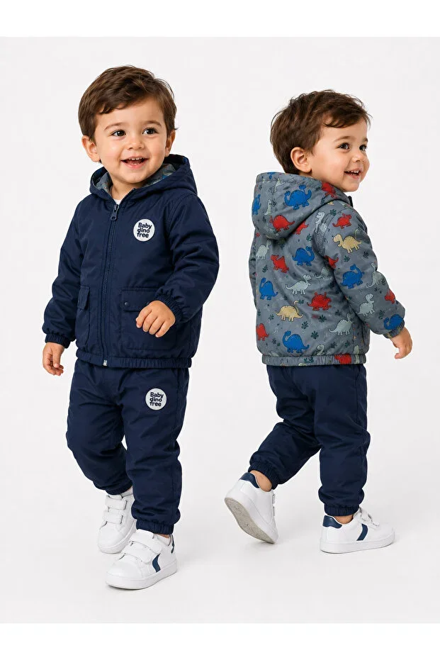 Baby Boys Double-Sided Dinosaur Pattern Hooded Raincoat Jacket