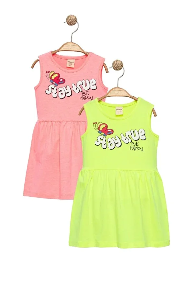 Girls' Sleeveless 2-Piece Set Pink and Green Color Shirred Waist Dress