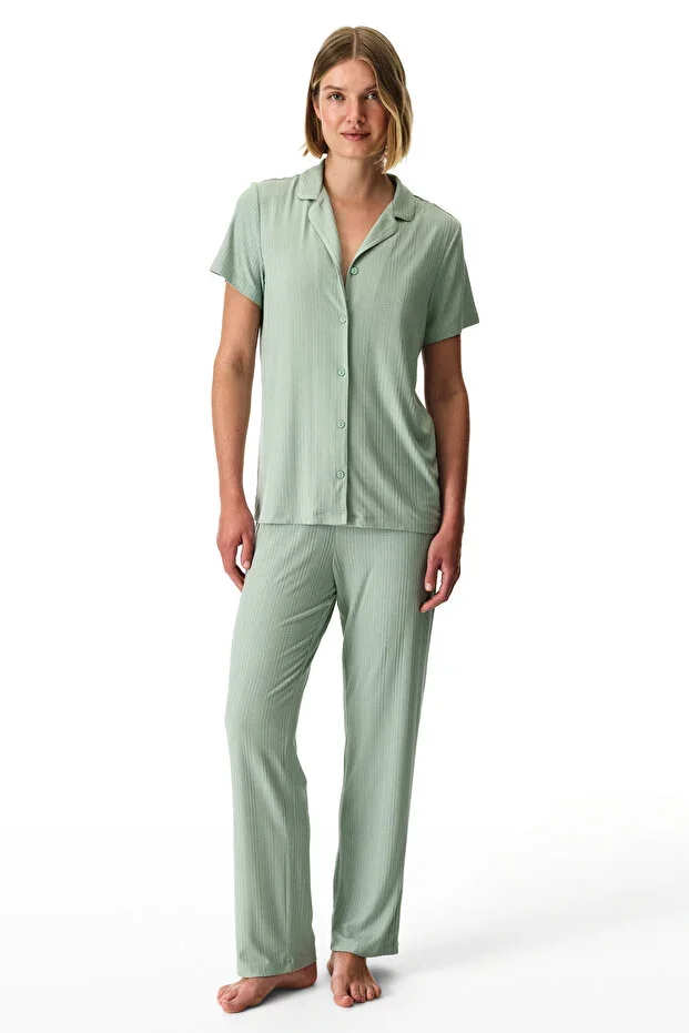 Light Green Alia Green Rib Buttoned Shirt Trouser Pajama Set