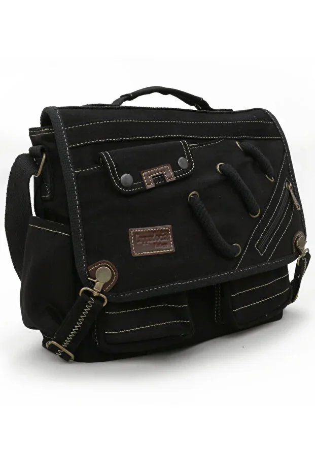 4017 Black 14" Laptop Cotton Gabardine Messenger School Bag Unisex Lockable Multi-Pocket Shoulder Strap