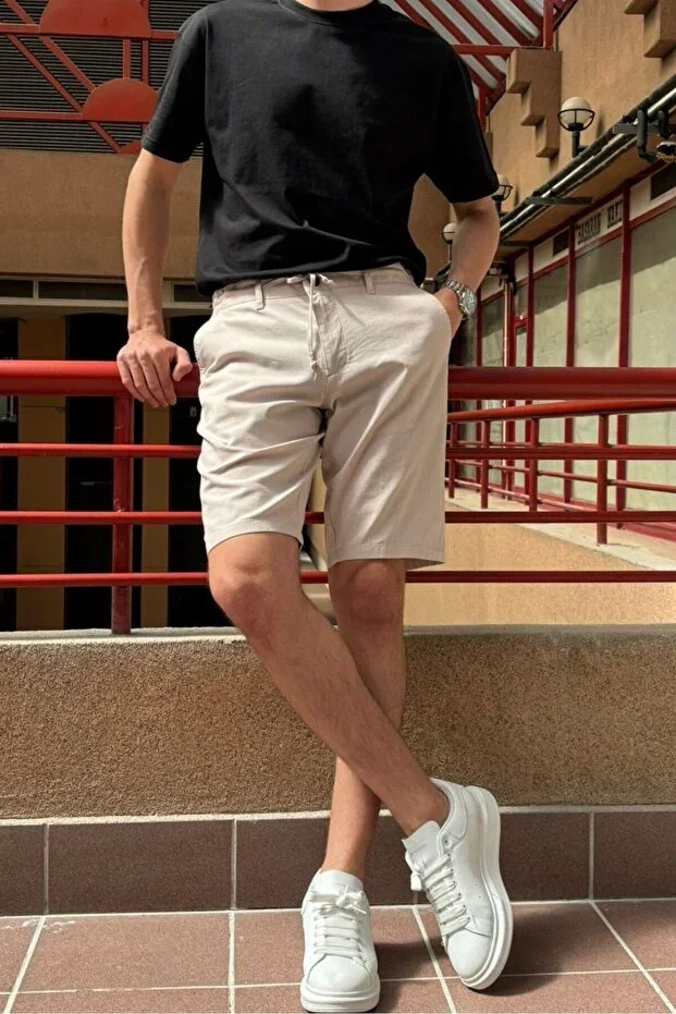Men's, drawstring waist, regular fit, Old Money Culture, cotton, linen weave shorts 24INP284