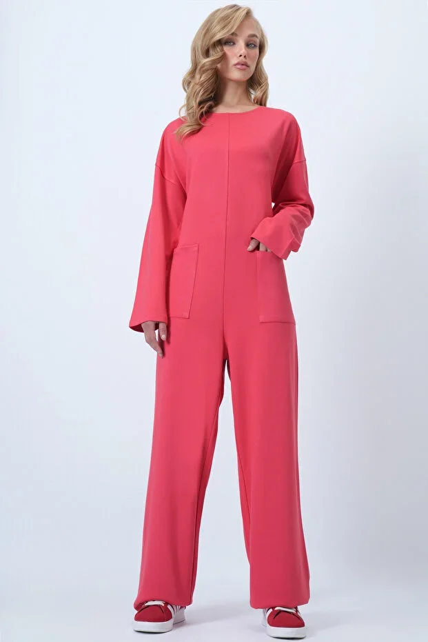 Coral Crew Neck Back Zipper Relaxed Fit Jumpsuit ALC-X14554