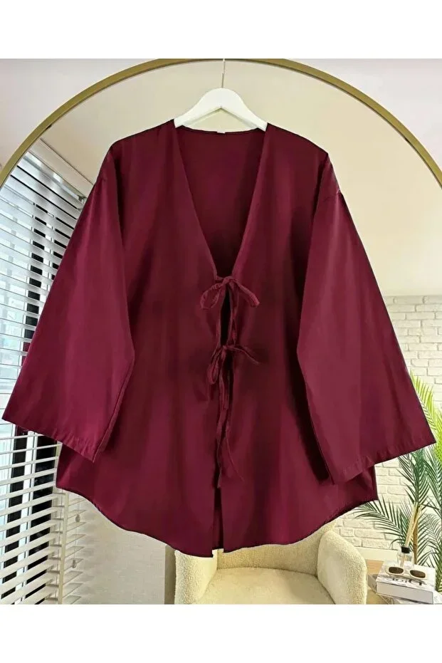 Giyim Gezegeni Front Tie Kimono Modest Tunic Bordeaux Oversize New Season Comfortable Fit Front Tie Modest Tunic