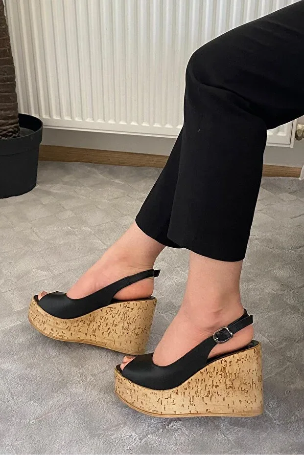 Women's Mushroom Black Leather 10 cm Wedge Heel Mushroom Sole Open Front and Back Shoes