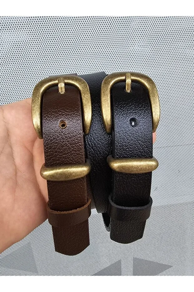 %100 Genuine Leather Antique Plated Buckle Black-Dark Brown 2-Piece Belt Set