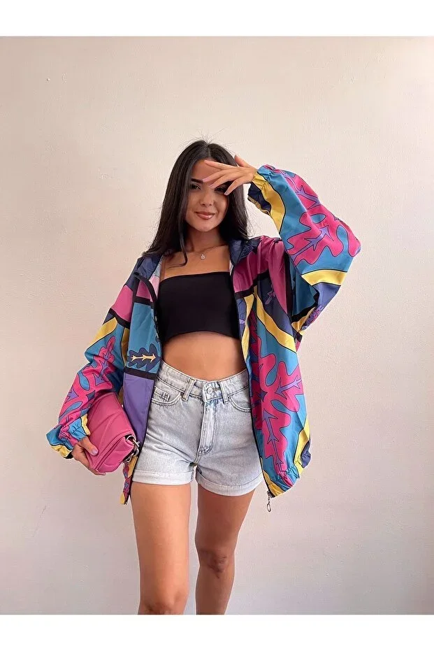 Patterned Oversize Zippered Raincoat
