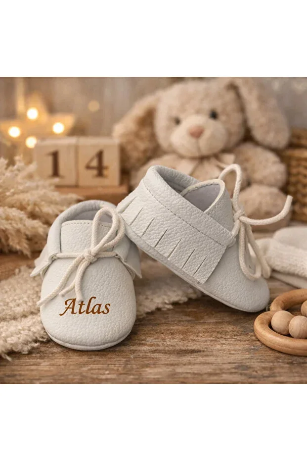 Personalized Name Baby Boy Moccasins White First Step Shoes