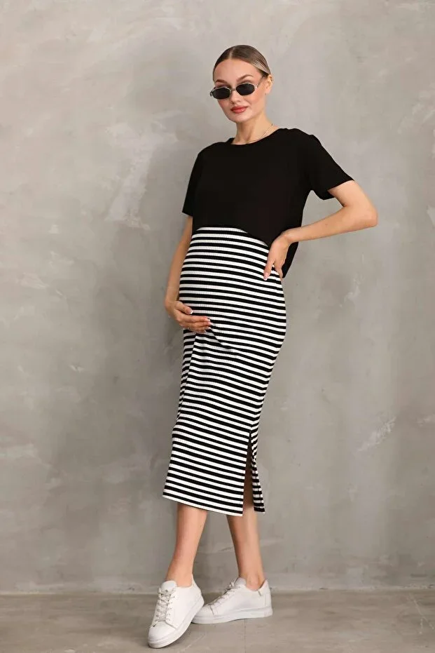 Short Sleeve Striped Ribbed Camisole Maternity and Postpartum T-shirt Dress Set