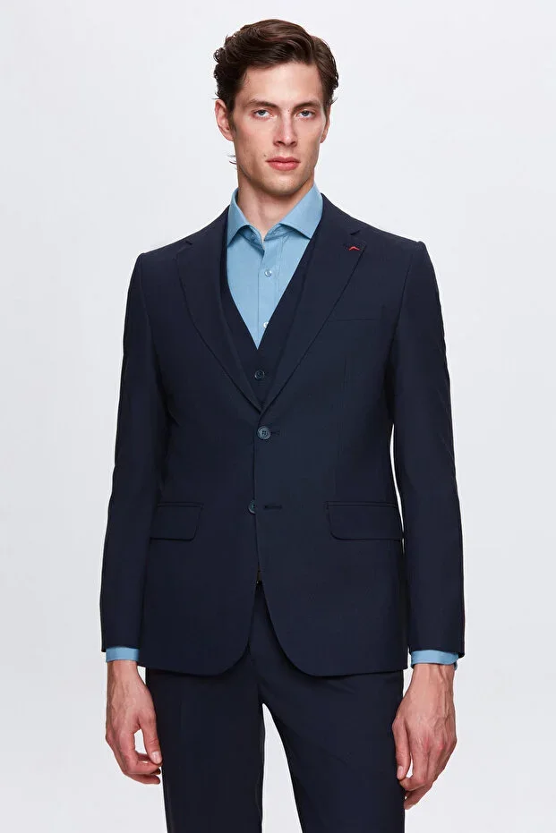 Ds Damat Slim Fit Navy Blue Mono Collar Lined Suit Vest