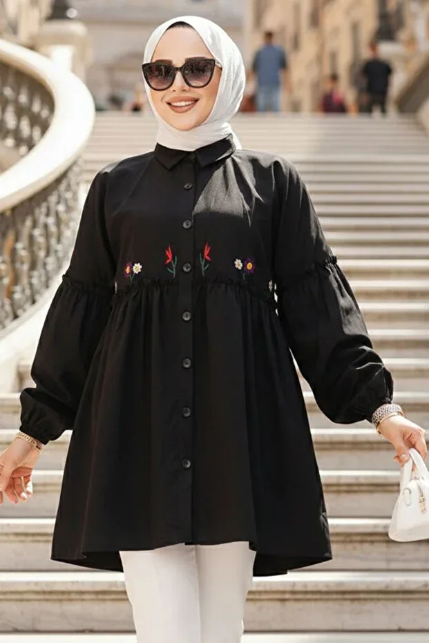 Neva Style Embroidered Black Modest Tunic 40603S
