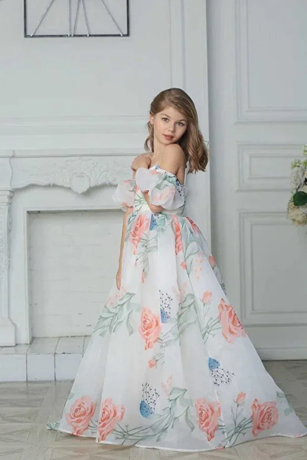 By Feyza Kids, Floral Organza Tail Dress Prom Dress, 7-14 Years, Pink White