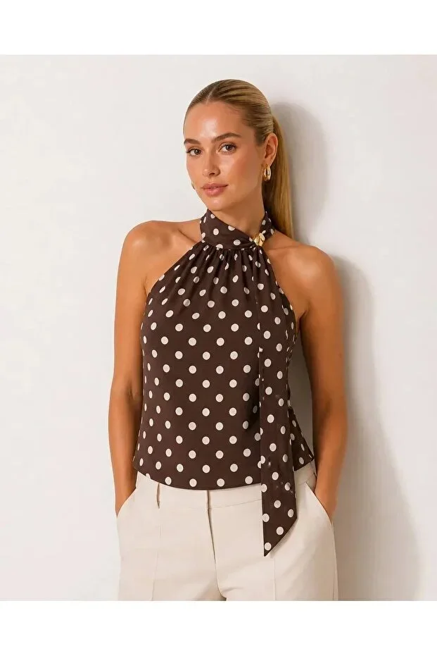 Park Karon Women Scarf Detail Polka Dot Sleeveless Slimfit Knit Blouse 26054