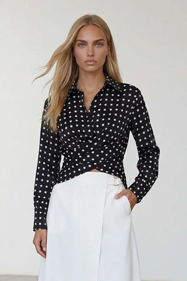 Black Polka Dot Shirt with Cross-Lace Detail Alc-X15471