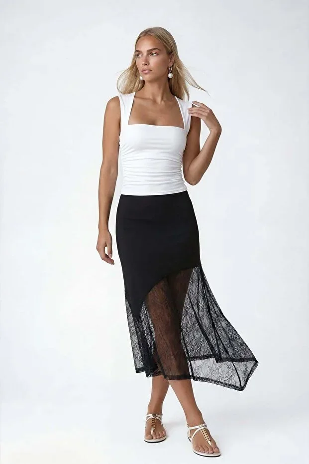 Women's Black Asymmetric Cut Lined Lace Skirt Alc-X15515
