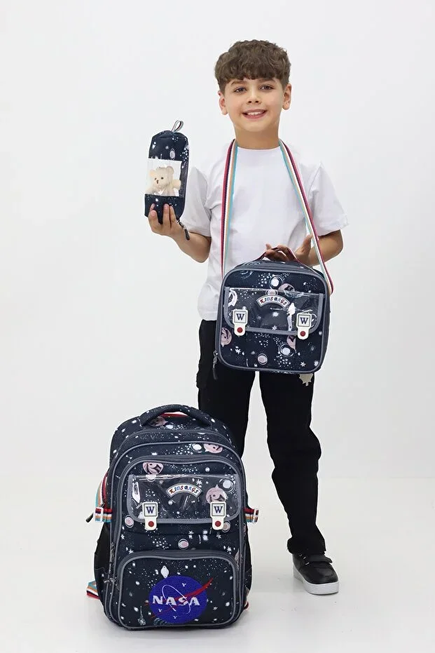 3-Piece Bag Backpack Lunch Bag Pencil Case Children's Primary School Bag with Plush Toy Gift