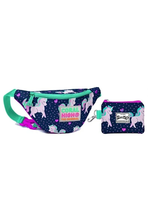 Coral High Unicorn Print Waist Bag Set - Pink/Green