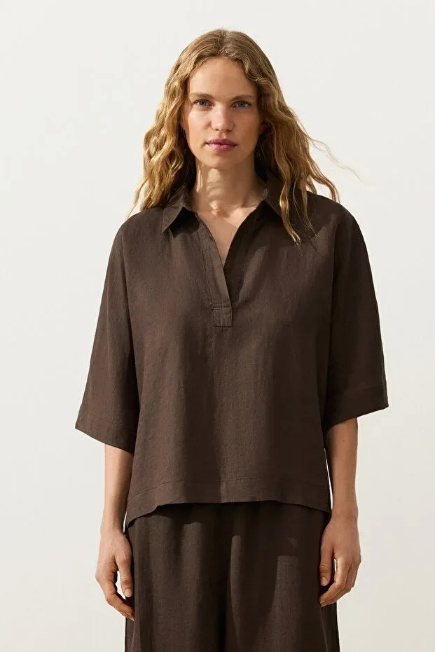 Oysho Oversize Short Sleeve 100% Linen Polo Shirt