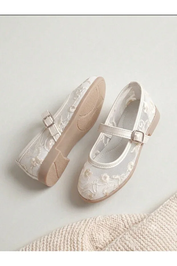 Girls' Ecru Flower Embroidered Non-Slip Sole Orthopedic Ballet Flats
