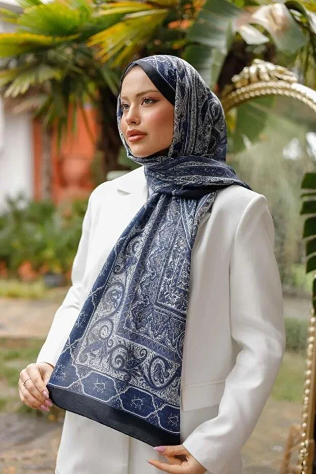 Retro Patterned Cotton Scarf Women Navy Blue Black ps5