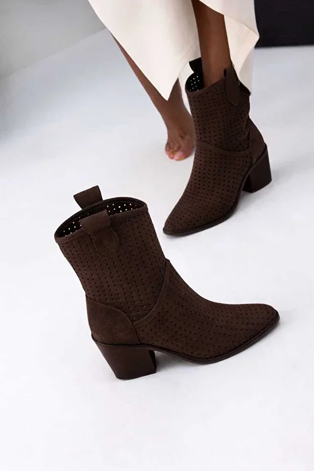 Handy Women's Western Cowboy Heel Suede Laser Cut Perforated Summer Boot - Bitter Coffee