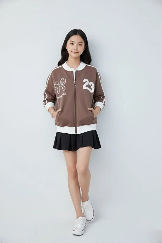 Brown Beautifull Lettered Striped Sleeve Girl Child College Cardigan 21193