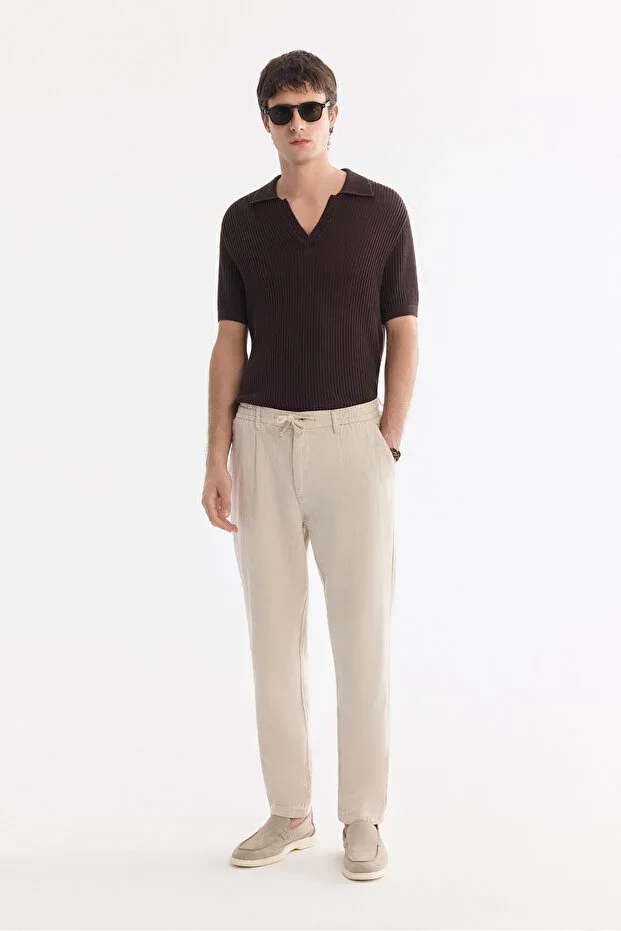 Men's Beige Tie-Waist Linen Blend Chino Relaxed Fit Trousers B003036