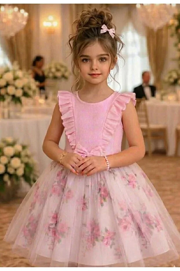 Girl Child Floral Short Sleeve Red Tutu Celebration Birthday Evening Dress Princess Chic Dress