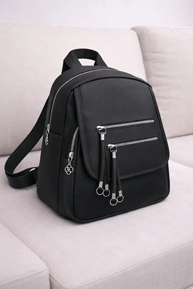 Women's Mini Multi-Compartment Fabric Backpack – Daily Use Bag with Flap Pocket Detail