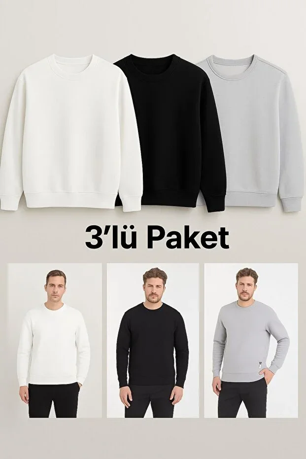 Men's 3-Pack Slim Fit Crew Neck Plain Unprinted 3-Thread Sweatshirt White Black Grey