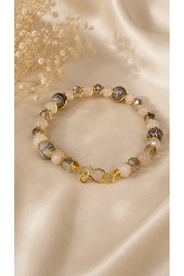 Natural Stone & Crystal Quartz Gold Plated Wire Detailed Handmade Bracelet