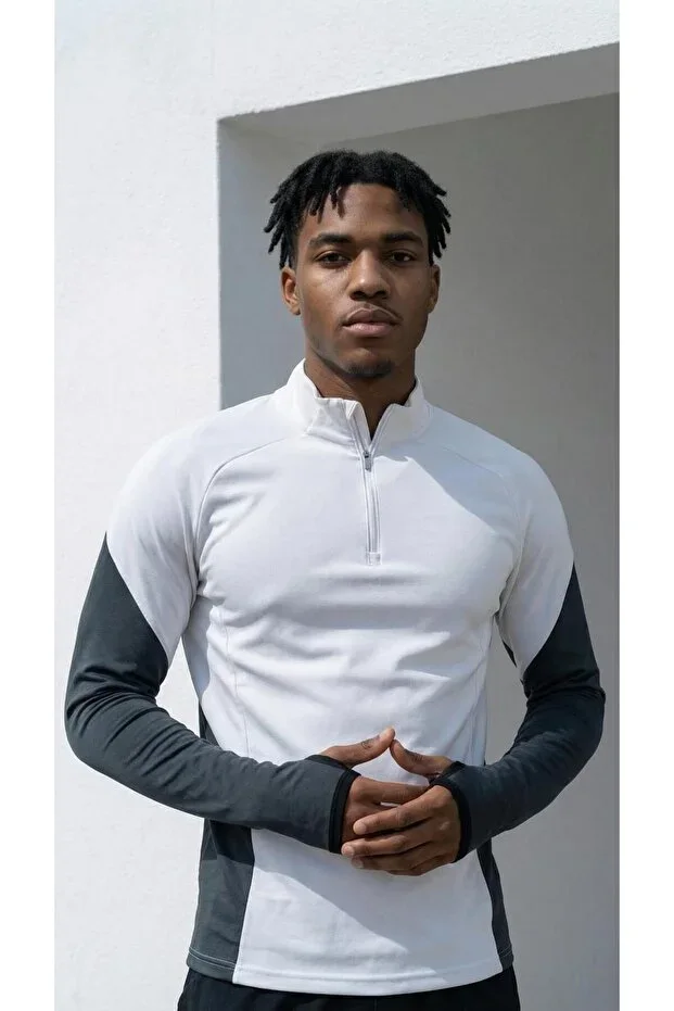 CLAW UP WORK Heavyweight Modal Fabric Sweatshirt with Piece Detail, Thumbhole, Half Zip, Men's White-Anthracite