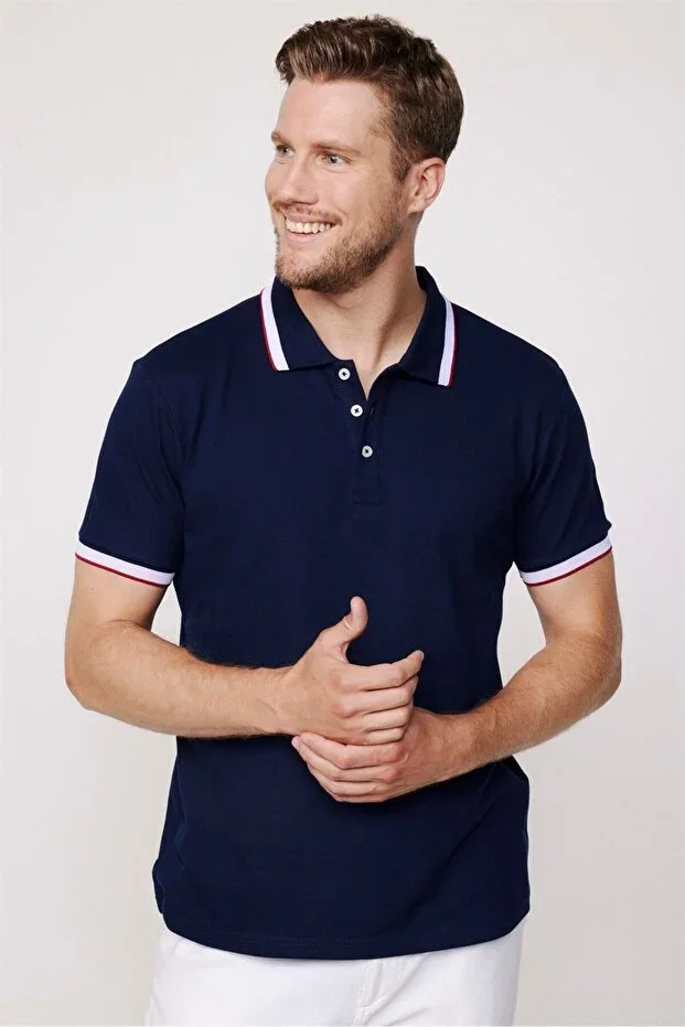 Men's Slim Fit Narrow Cut 100% Cotton Plain Pique Sleeve Striped Navy Blue Polo Neck T-shirt