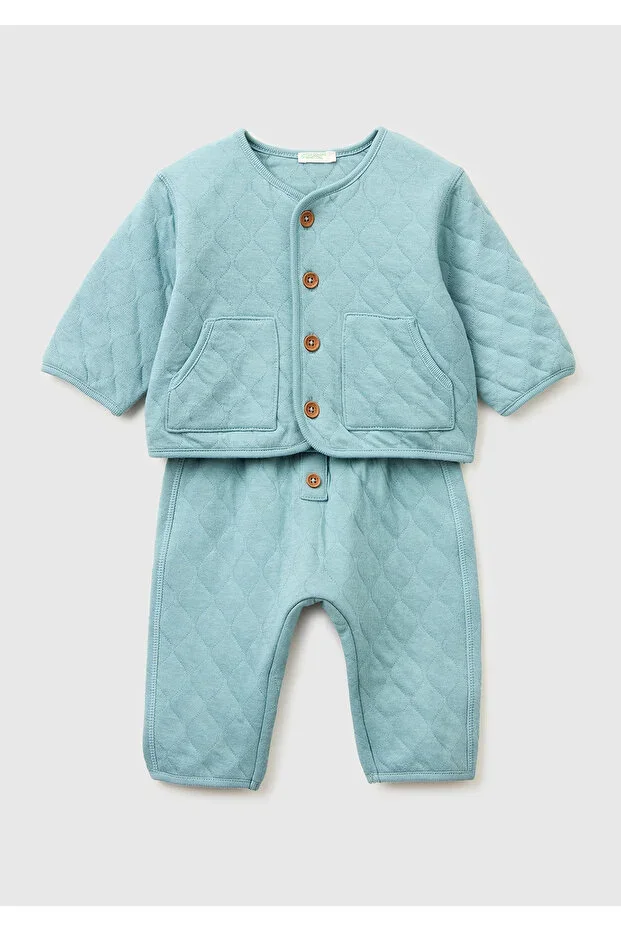Baby Ice Blue Buttoned Korean Style Quilted Tracksuit Set