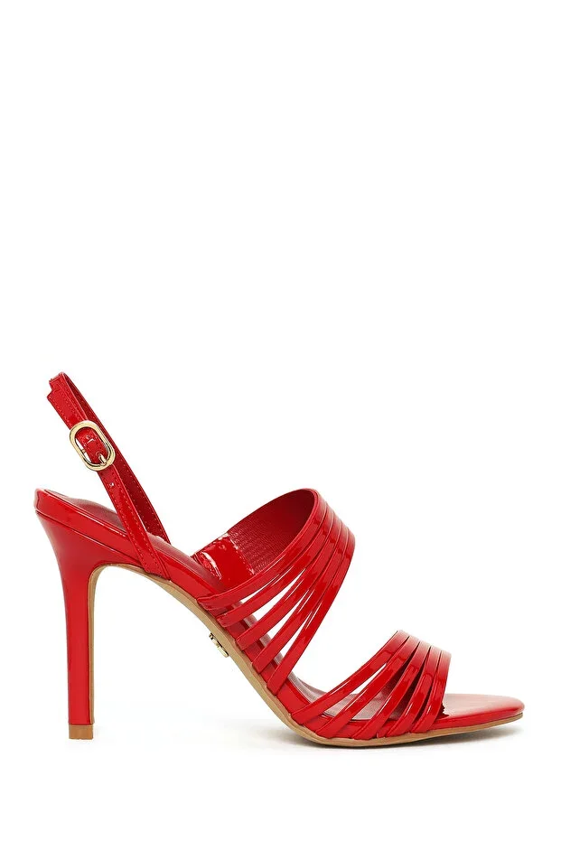 Women's Red Buckled Thin High-Heeled Patent Leather Sandals 26SFE452816