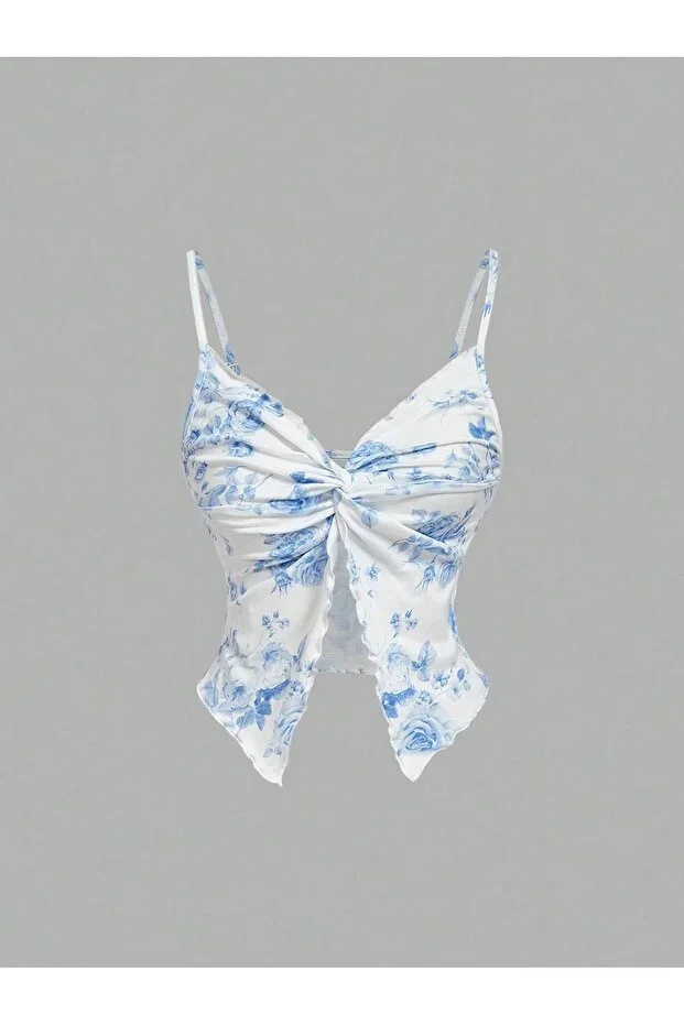 yousnila White Floral Pattern Front Twist Thin Strap Crop Alaçatı Style Chic And Comfortable