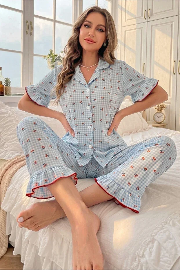 Blue Soft Cherry Pattern Short Sleeve Summer Pajama Set