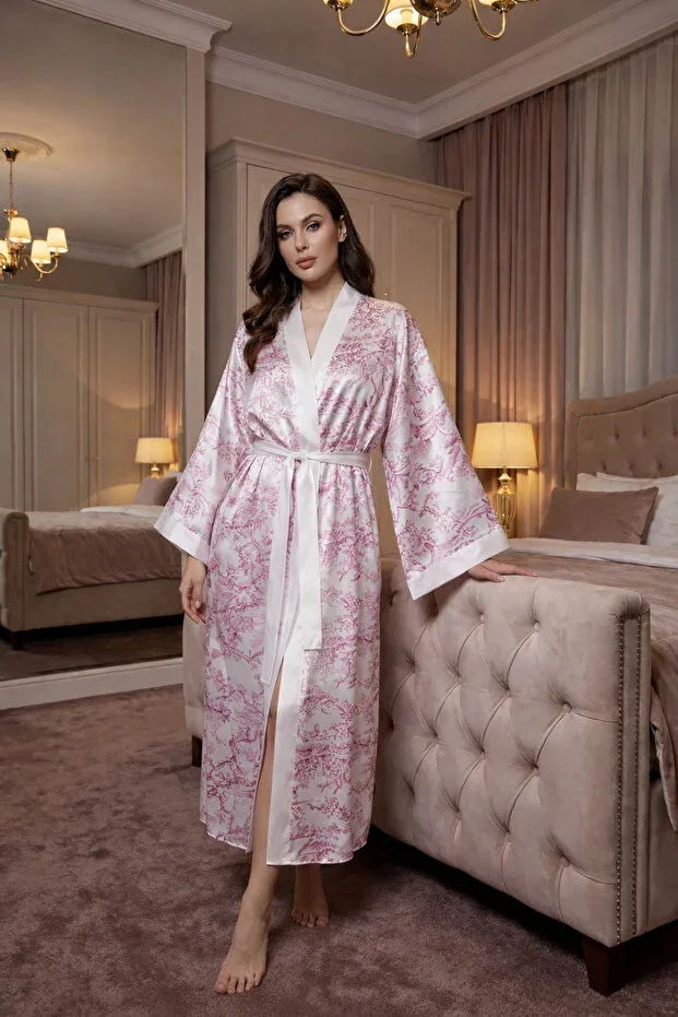 PINK PRINTED BAT SLEEVE SATIN KIMONO