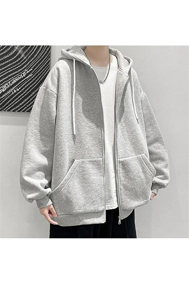 Straight Grey Unisex Oversize (3-Thread) Thick Winter Fleece Lined Cardigan