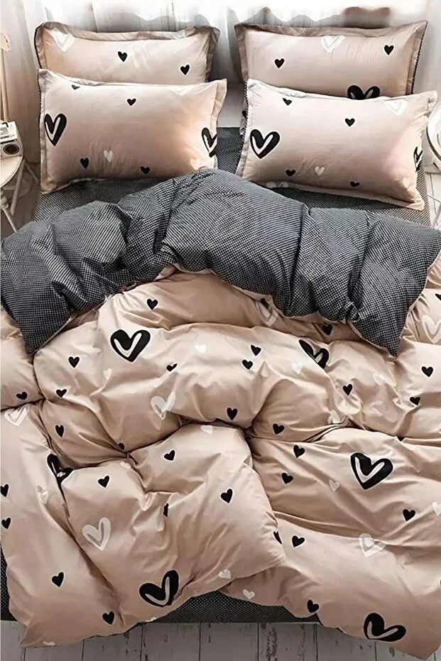 Fitted Sheet Double-Sided Double Duvet Cover Set Heart Coffee