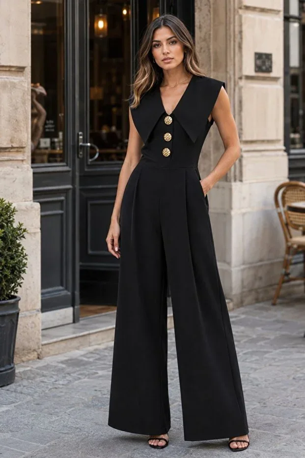 Women's Wide Collar Wide Leg Jumpsuit with Gold Button Detail