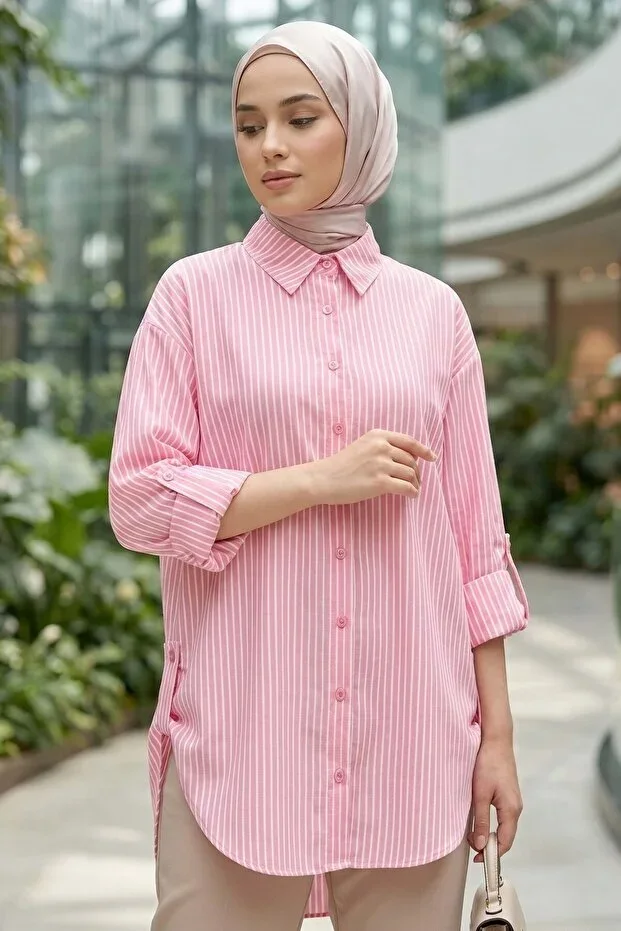 TOFİSA Striped Tunic with Button Detail on the Side Pink - 1329-PEMBE