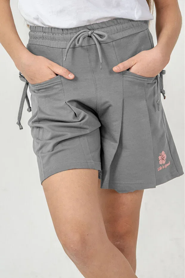 Life İs Good Print Pockets Bow Girl Child Shorts