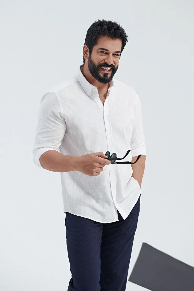 Men's White Easy Iron 100% Cotton Linen Look Breathable Non-Sweating Slim Fit Shirt
