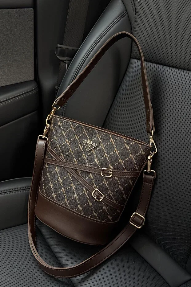 Women's Monogram Coffee Bucket Bag with Belt Detail - Shoulder and Crossbody Bag by NOTHING