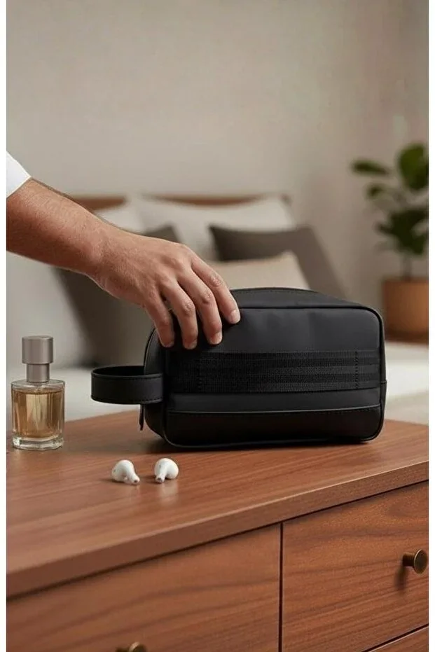 Black Leather Men's Shaving Bag Daily Handbag Portfolio - Clutch Care Bag