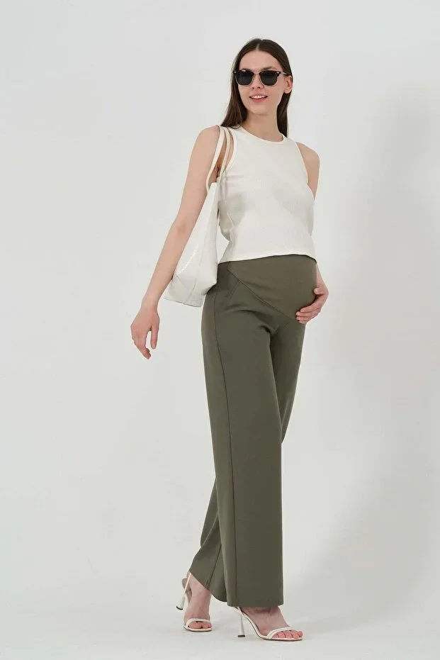 BUSA Pregnant Flexible Belly Band Adjustable Waist Wide Leg Gabardine Pants KHAKI