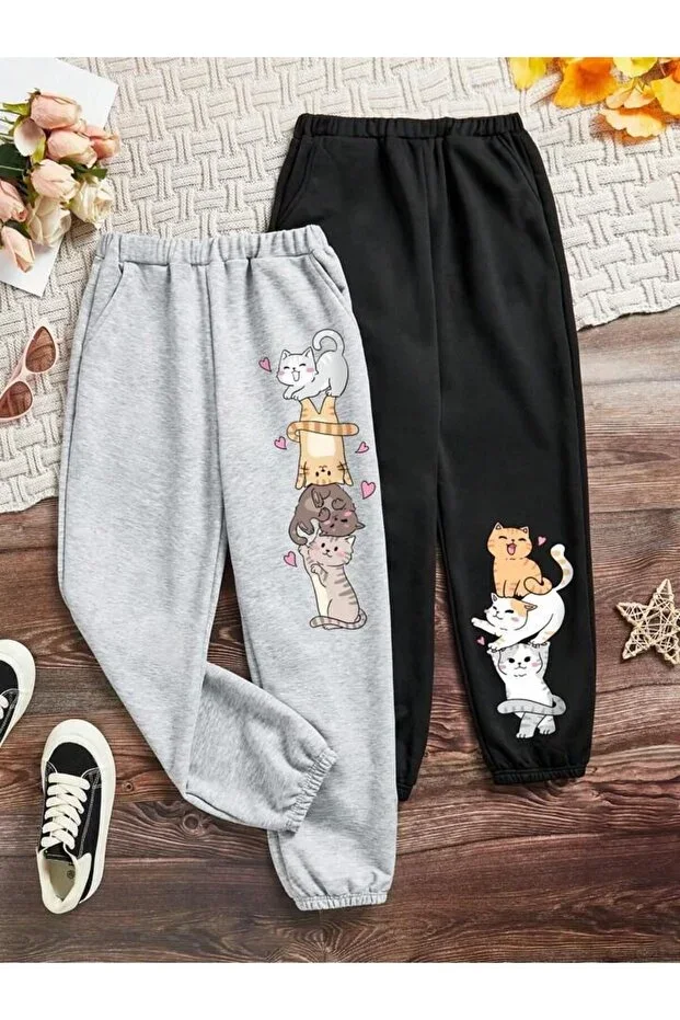 Grey, Black 4's, 3's Cat Print Girl/Boy Kids Two-Piece Tracksuit Set